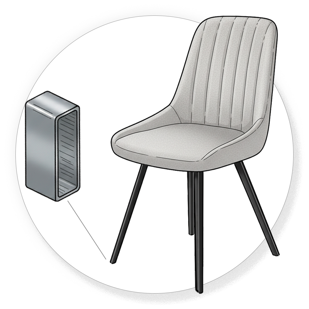 Schräg gestellte Stuhlbeine aus Rechteckrohr